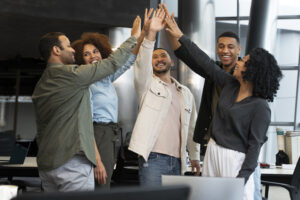 Team celebrating connection and success.