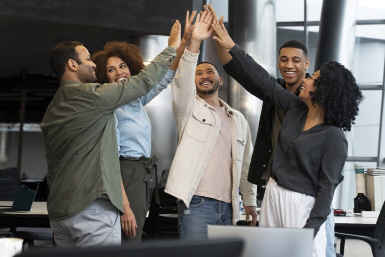 Team celebrating connection and success.