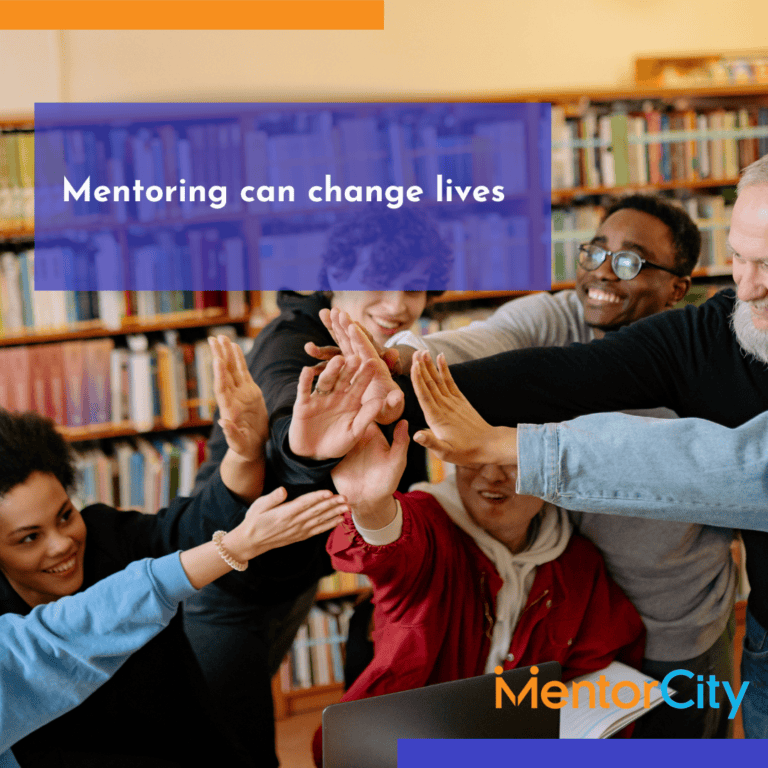 Mentoring can change lives - diverse group of young adults high-fiving in a library setting.